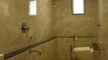 Shower, rainfall showerhead, soap, shampoo