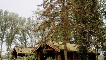 Una cabaña de troncos con techo de paja, rodeada por un campo cubierto de hierba y un gran árbol de hoja perenne.