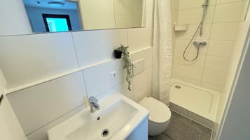 Shower, hair dryer, towels, toilet paper