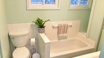 Hair dryer, towels, soap, shampoo