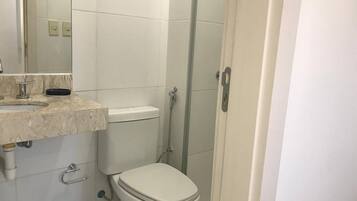 Shower, towels, soap, toilet paper