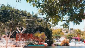 A garden area with a stone wall, a wooden fence, and a variety of plants and flowers. - Social Camping JAL (Himarë)