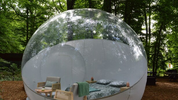 A transparent dome structure with a bed, chairs, and a small table inside a forest setting. - Bubble Tent Loiret: nature and comfort, close to the Loire castles (Chuelles)