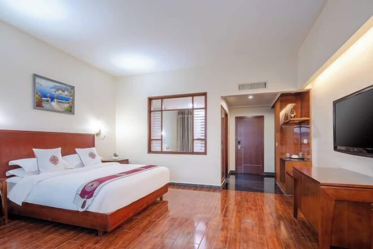 Una habitación de hotel con una cama de madera, un televisor, un escritorio y un espejo.