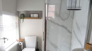 Hair dryer, towels, soap, toilet paper