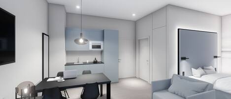 Ein modernes, minimalistisches Schlafzimmer mit Bett, Schreibtisch mit Laptop und Essbereich.