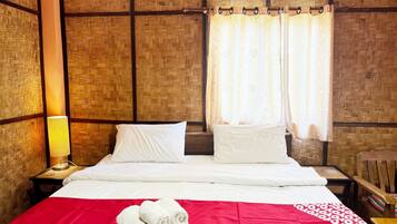 Desk, laptop workspace, blackout curtains, free WiFi