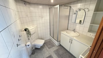 Shower, hair dryer, towels, toilet paper