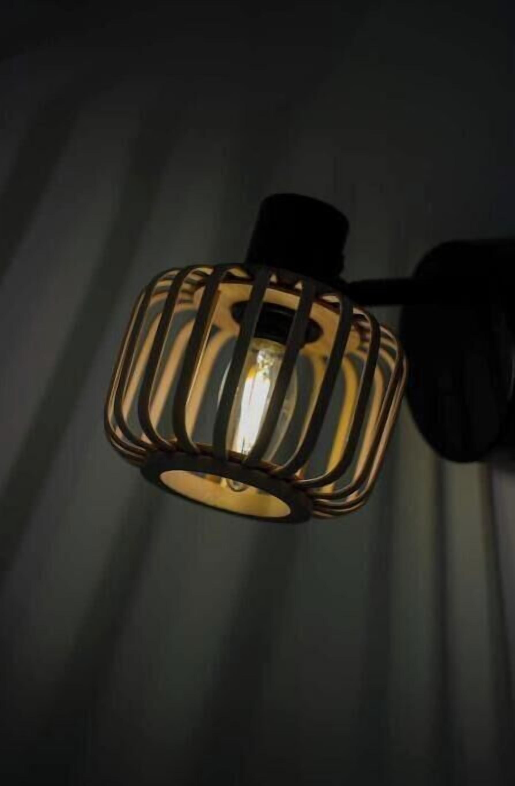 A wall-mounted light fixture with a cylindrical base and a cage-like structure around the bulb.