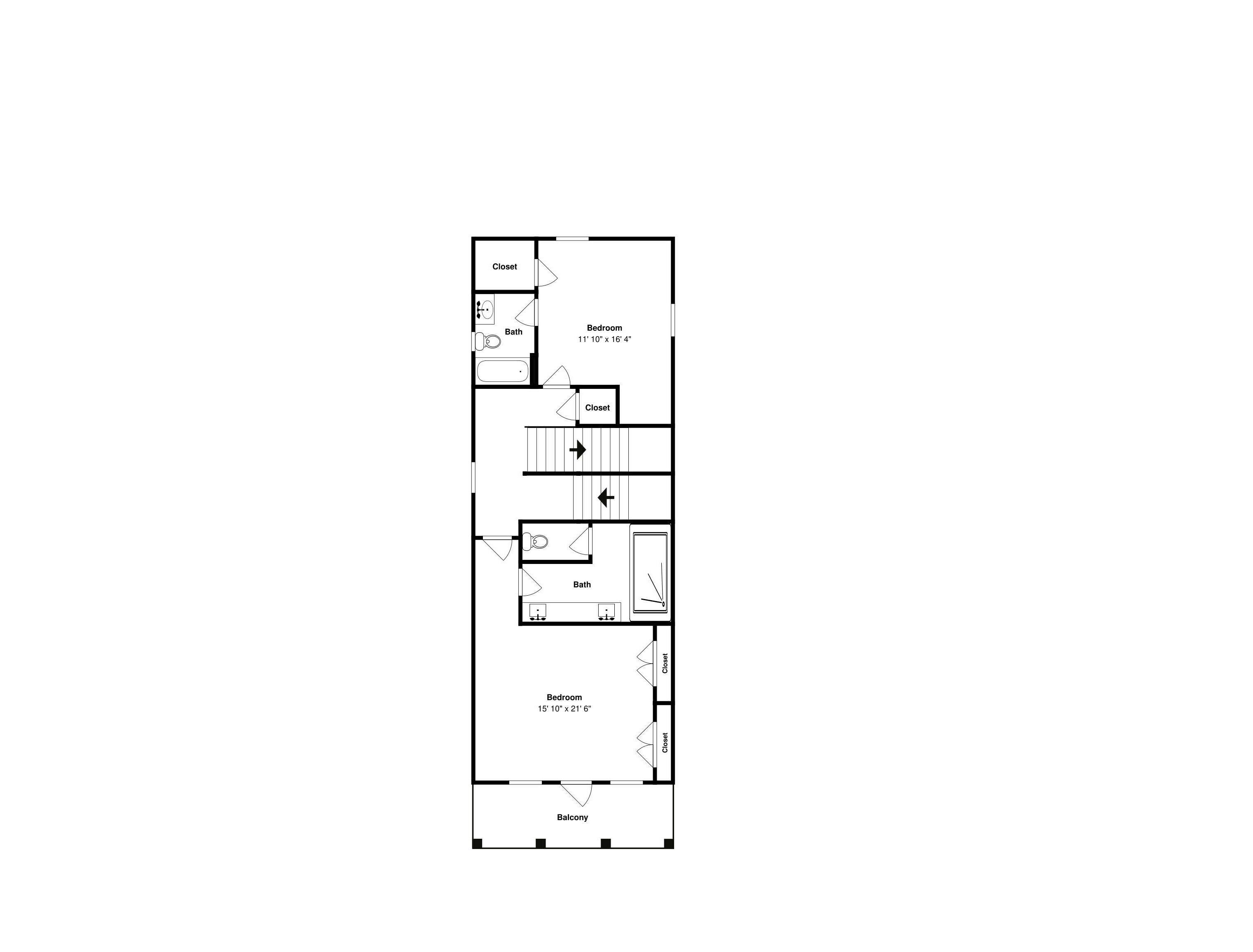 Plano de planta con dos dormitorios, un baño y un balcón.