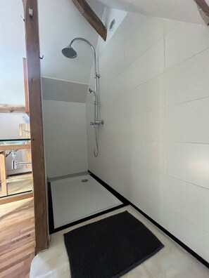 Dusche, Haartrockner, Handtücher, Toilettenpapier