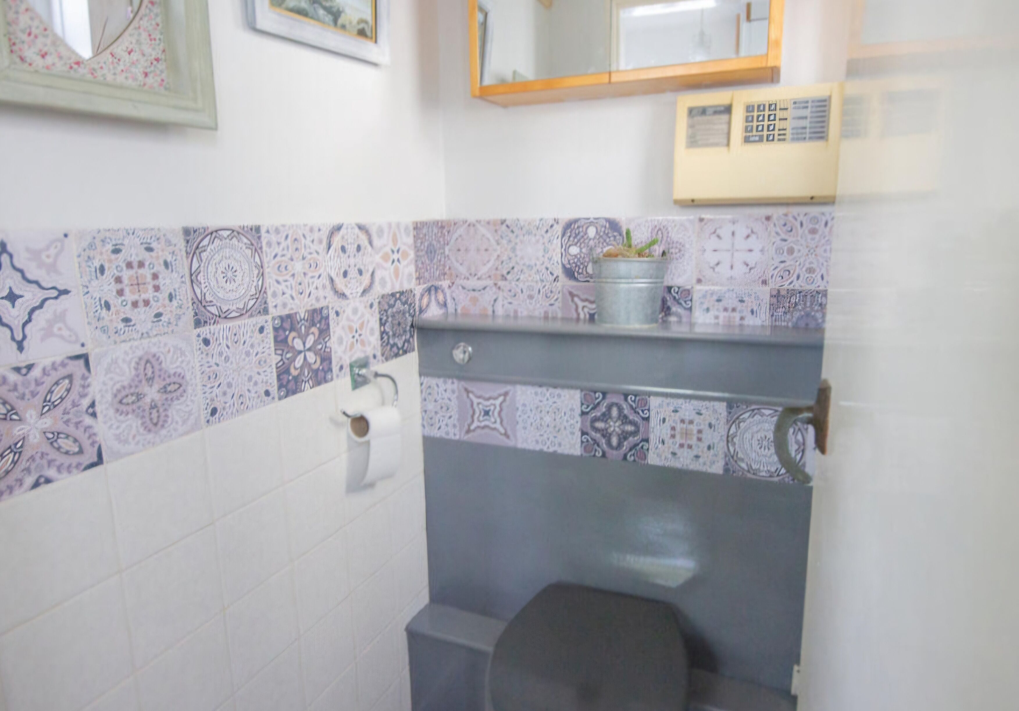 Une salle de bain avec des carreaux décorés, des toilettes, un lavabo avec un miroir et une petite étagère sur laquelle est posée une plante.