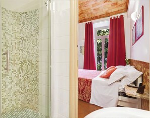 Shower, hair dryer, bidet, towels