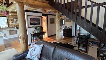 Smart TV, fireplace, DVD player, books