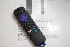 A black remote control with a blue directional pad and buttons labeled "Netflix," "hulu," "Roku," and "Apple TV+". - Star Gate Room 11 Indian River, MI (Indian River)