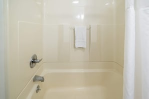 Shower, hair dryer, towels - Room 5 at Inland Lake Motel, Indian River, MI (Indian River)