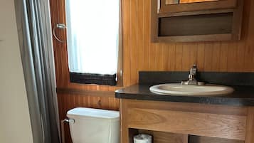 Shower, towels, soap, toilet paper