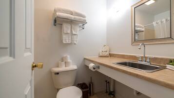 Une salle de bain équipée de toilettes, d’un lavabo et d’un porte-serviettes.