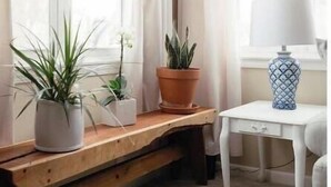 Una habitación acogedora con un banco de madera, una mesa blanca con una lámpara y plantas en macetas junto a la ventana.