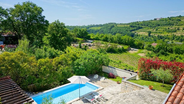 A rooftop pool area with a clear view of the surrounding countryside, including vineyards and a hill with a house. - Villa Samanta - 6 Persons, 2 Bedrooms, Private Pool, Barbecue (Momjan)