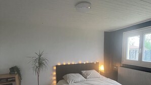 Ein Schlafzimmer mit einem Bett, einer Nachttischlampe, einem Bücherregal und einer Zimmerpflanze.