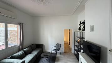 TV connectée, cheminée, livres