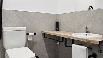 A modern bathroom with a toilet, sink, and mirror.