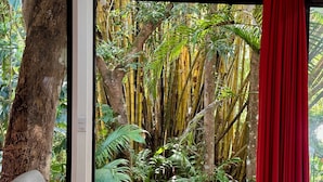 A room with a large window offering a view of dense bamboo forest and tropical foliage. - Villa Lapas: Spacious, Lush 2-Bedroom Home & 2-Bedroom Apart, Central, Wildlife! (Quepos)