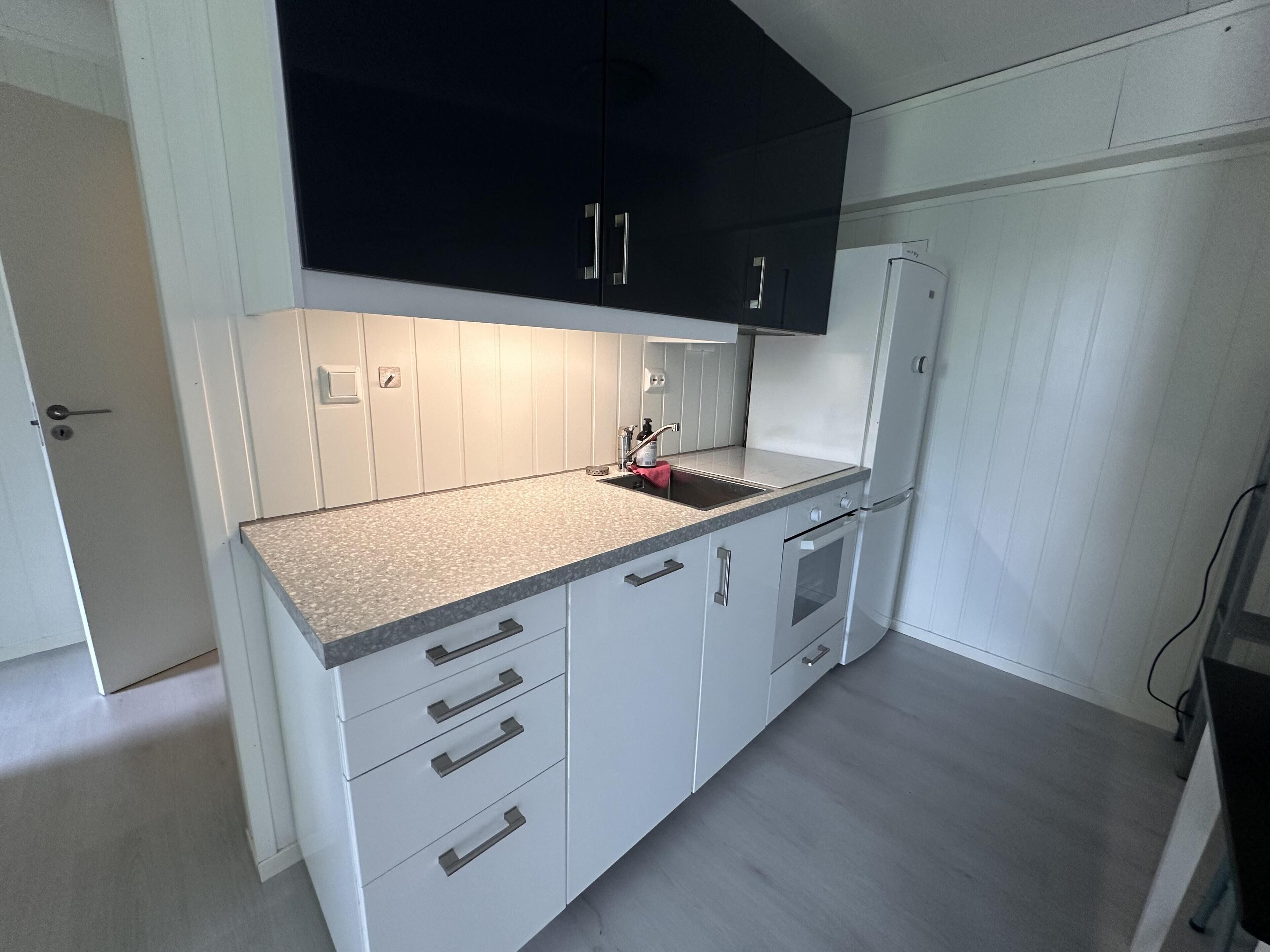 Departamento | Cocina privada | Refrigerador, microondas, horno y parrilla de estufa 