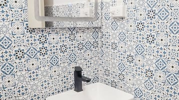 Shower, hydromassage showerhead, hair dryer, bathrobes