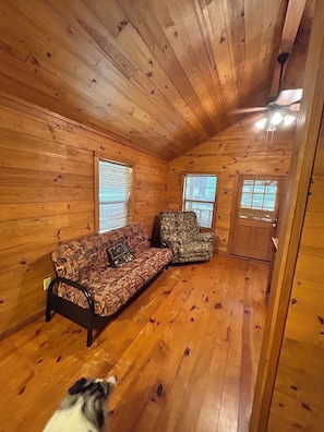 A cabin interior with wooden walls and floors, a patterned sofa, a camouflage chair, and a door with a window.