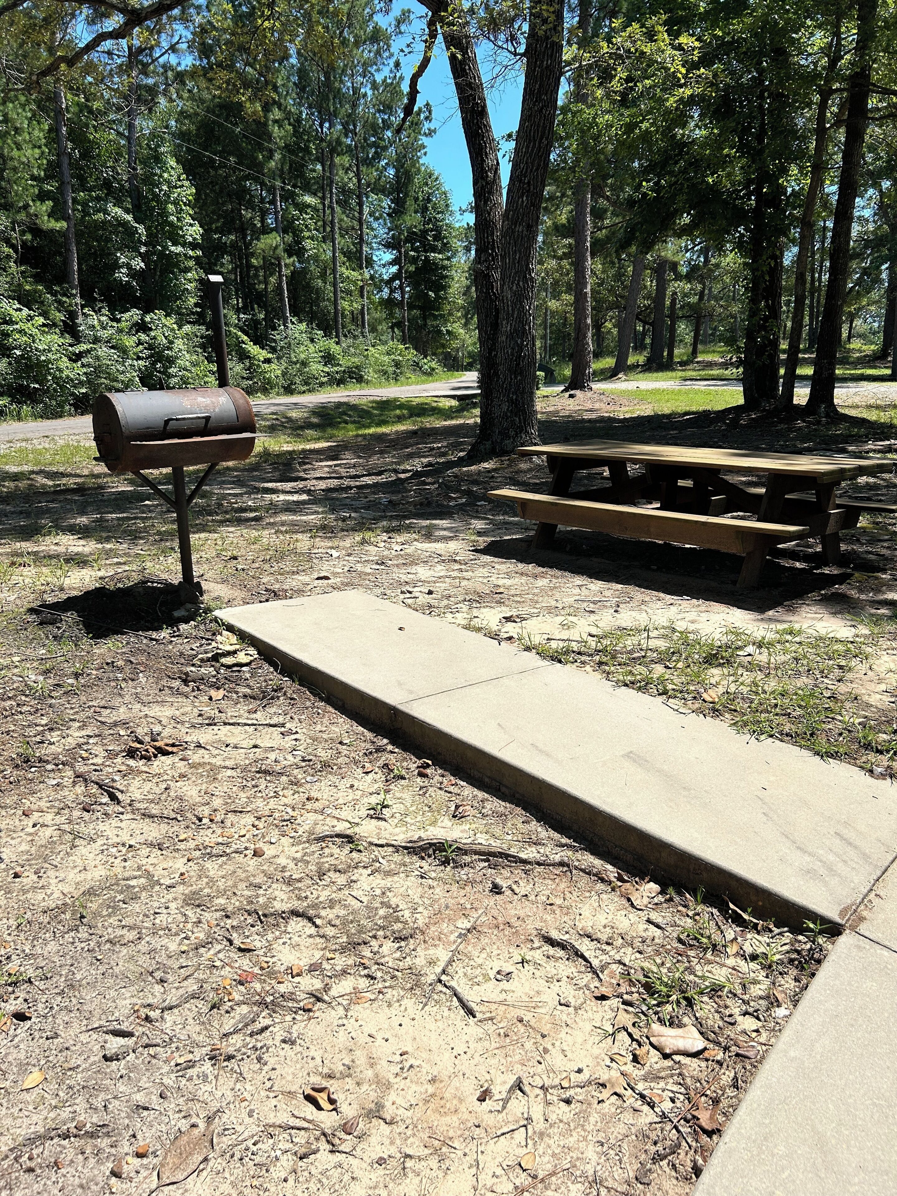 A picnic area with a grill and a bench.