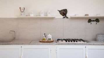 Apartment, Garden View | Private kitchen | Espresso maker, highchair