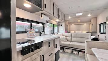 Fridge, microwave, stovetop, toaster