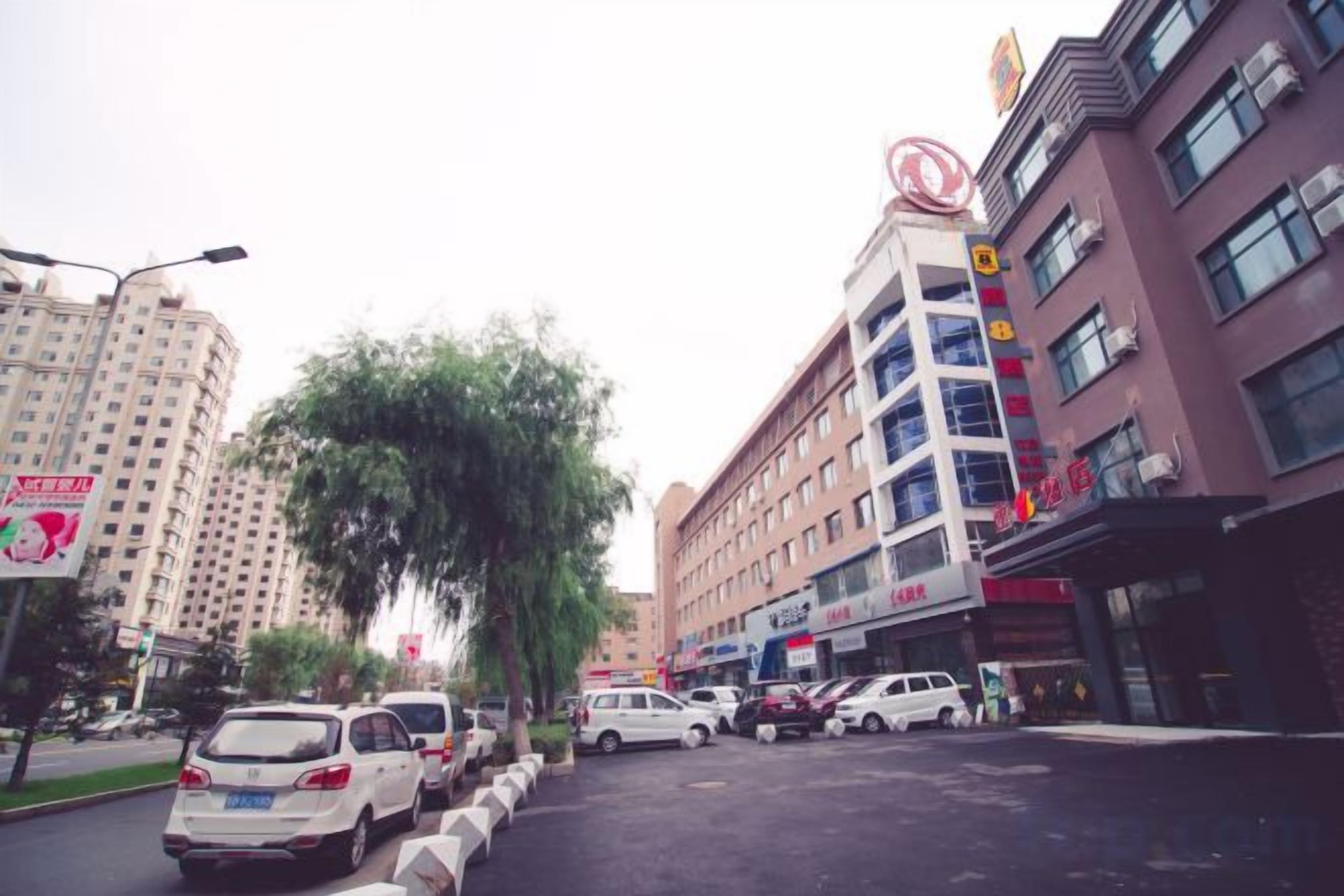 Un edificio de varios pisos con una planta baja comercial, autos estacionados y un árbol en primer plano.