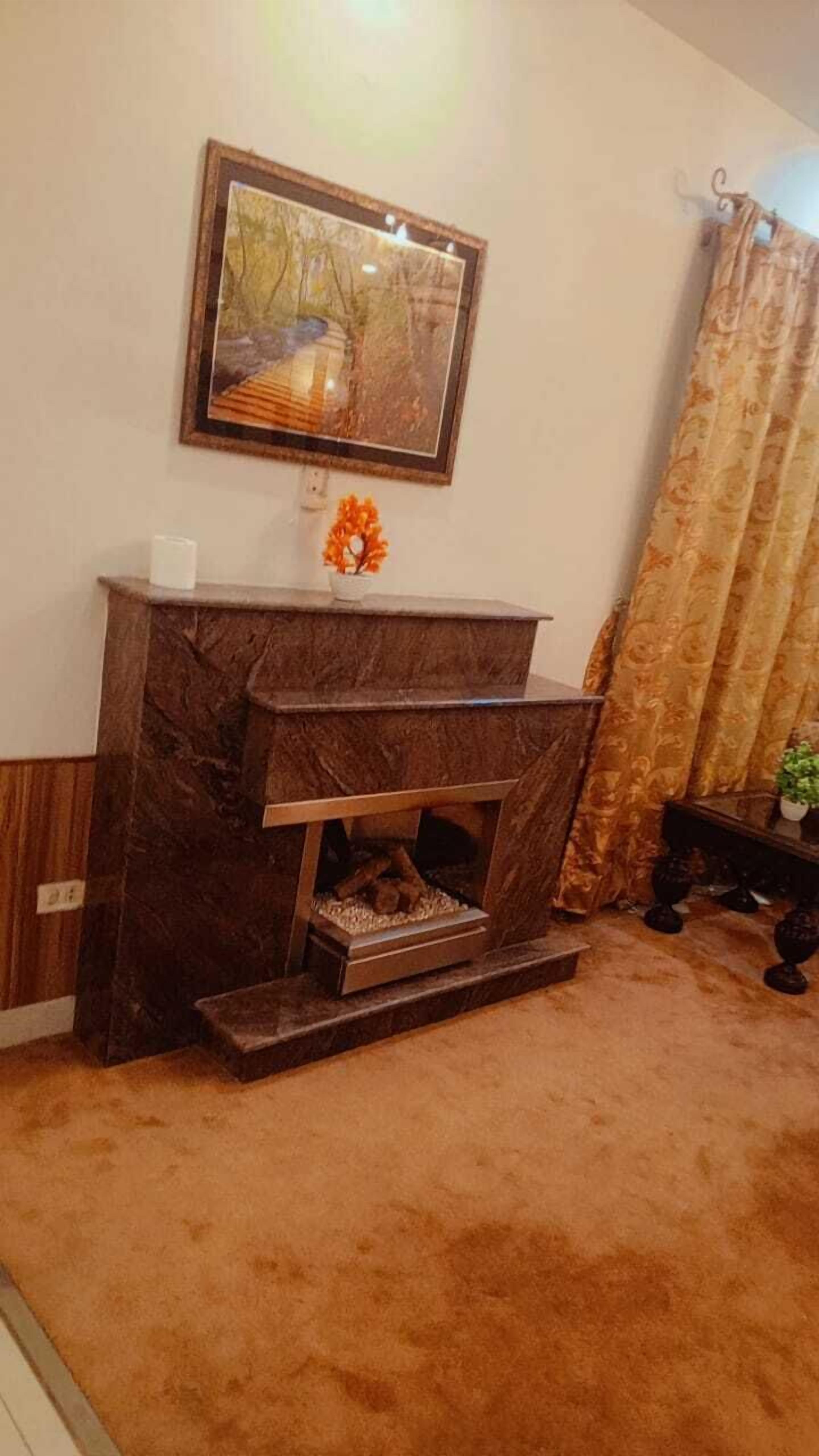 A fireplace with a mantel, a framed picture above it, and a carpeted floor.