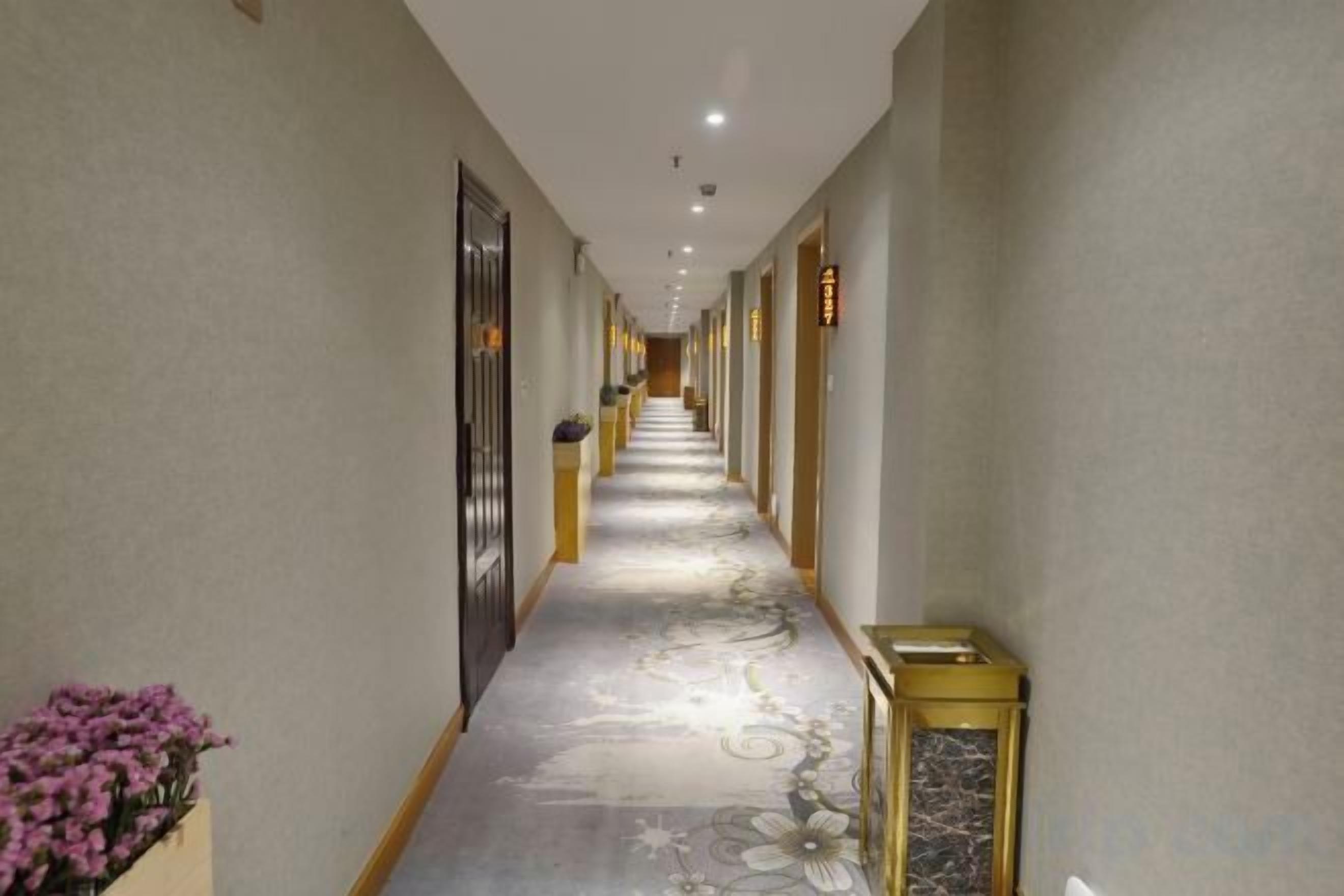 A long hallway with a patterned carpet, doors on both sides, and a small plant on the left.