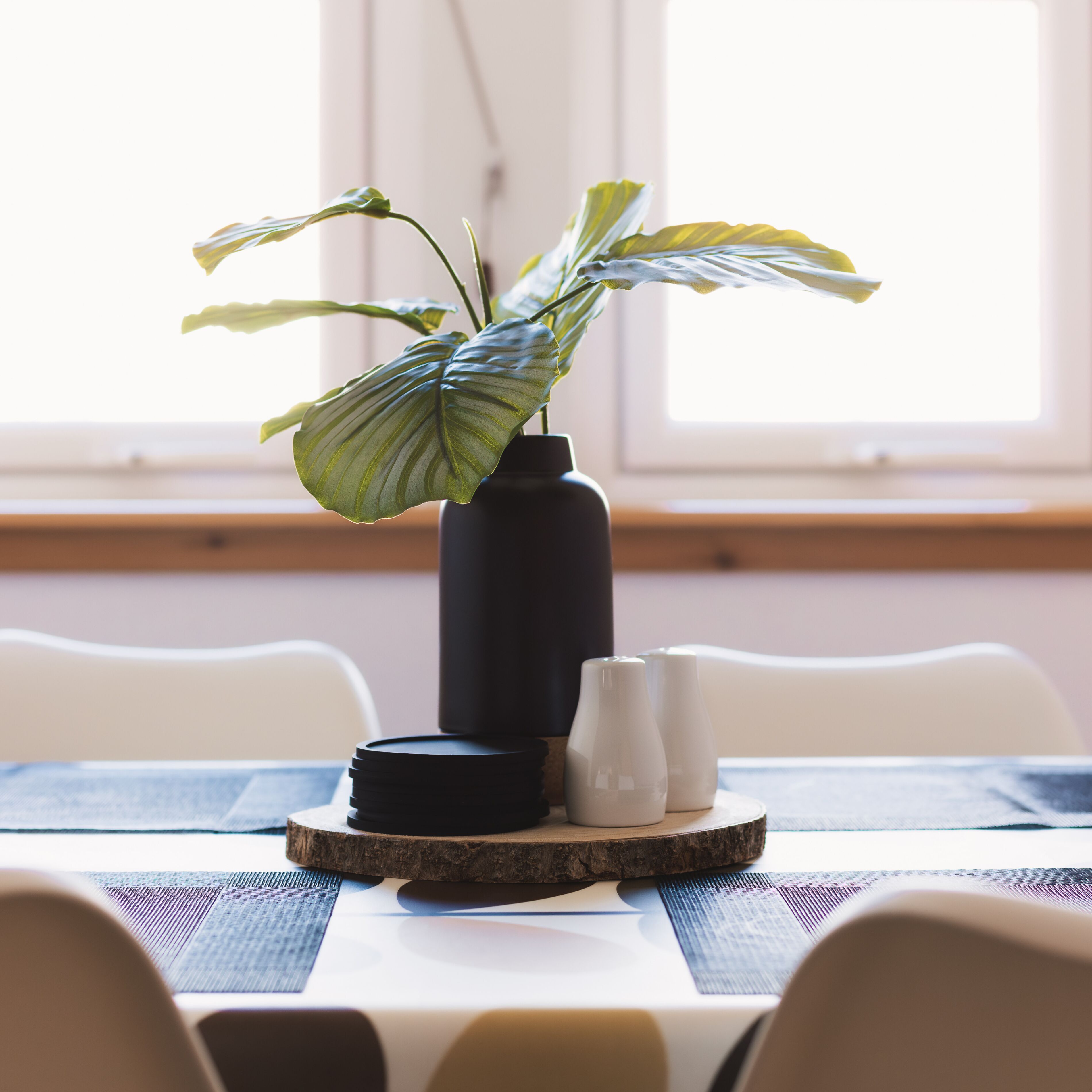 Una mesa de comedor con una planta en maceta, saleros y pimenteros, y un florero negro.