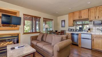 Smart TV, fireplace, table tennis, books