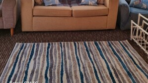 Una sala acogedora con un conjunto de sofás, un tapete estampado y cortinas con motivos náuticos.