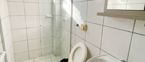 A bathroom with a toilet, a sink, and a shower area.