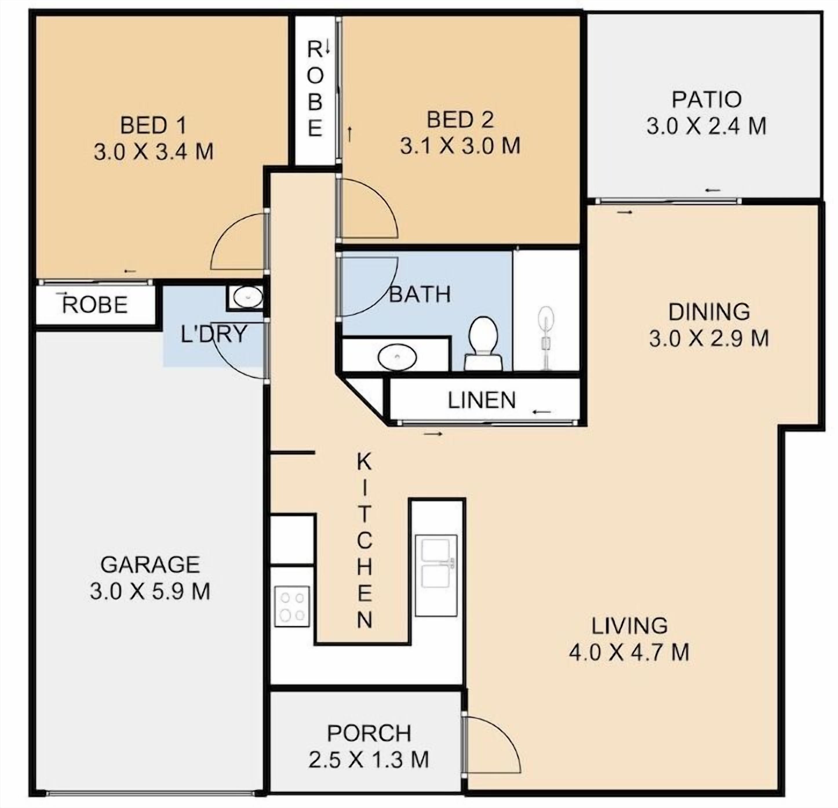 En plantegning, der viser to soveværelser, en stue, et køkken, et spiseområde, et badeværelse, en balkon, en garage og en veranda.