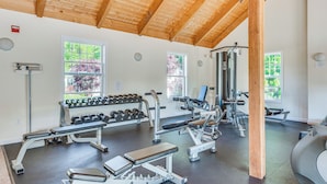 A gym with various exercise equipment, including dumbbells, benches, and weight machines. - 2 Mi to Moody Beach, Amenity Access: Wells Getaway (Wells)