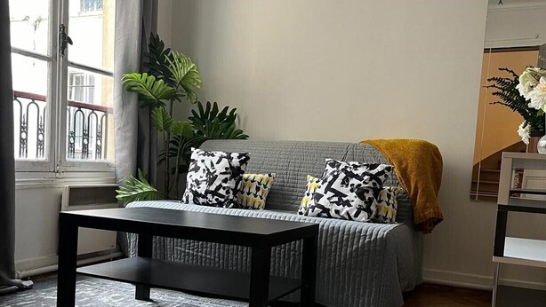 A living room with a grey sofa, black and white patterned cushions, a black coffee table, a grey rug, and a large green plant.