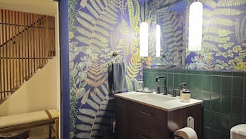 Hair dryer, bidet, towels, soap