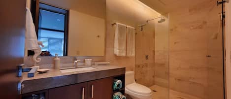 Shower, hair dryer, towels, soap