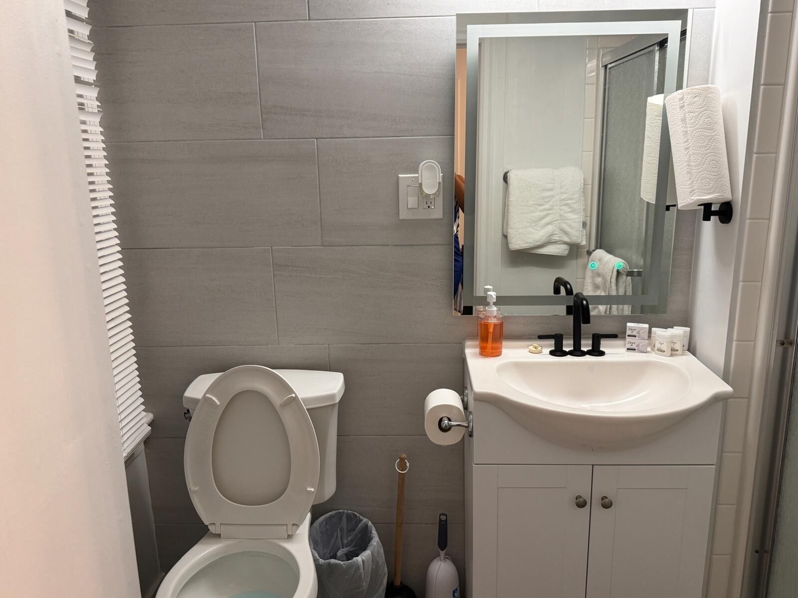 Un baño con inodoro, lavamanos, espejo y toallero.