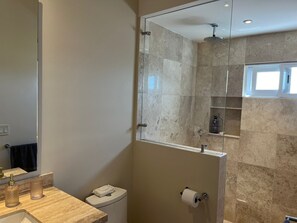 A bathroom with a glass-enclosed shower, a toilet, a sink with a mirror, and a towel rack.