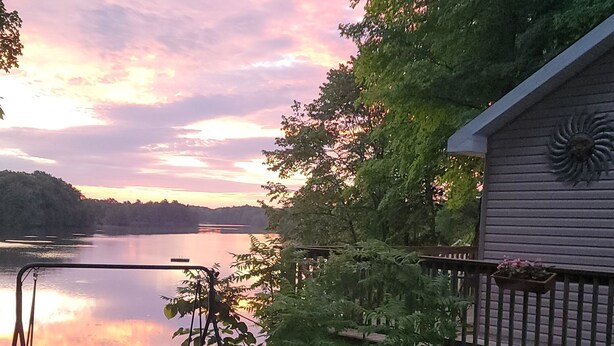 En hytte ved søen med en terrasse med udsigt over et roligt vand, omgivet af frodig vegetation.