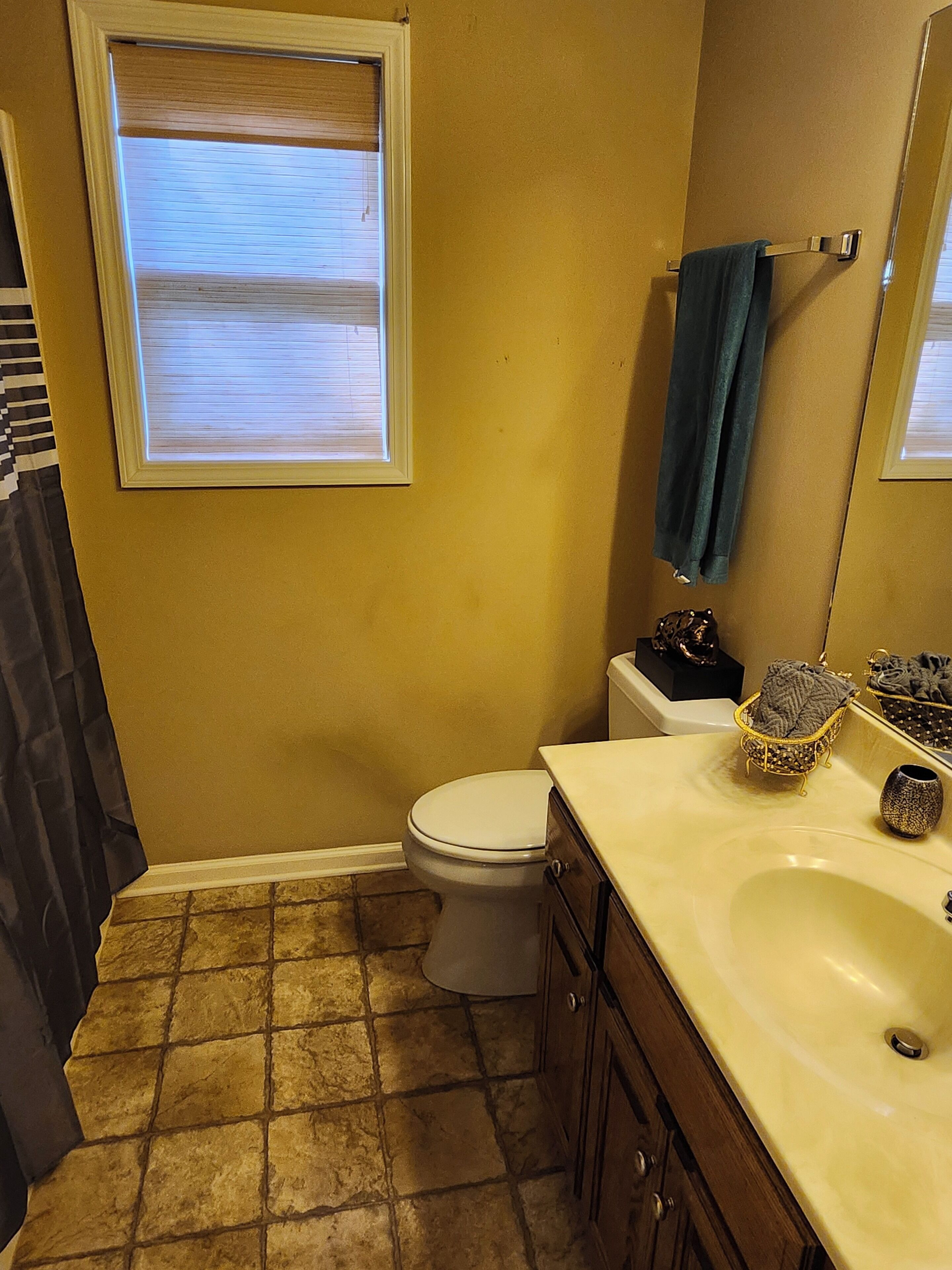 A bathroom with a toilet, sink, and window with blinds.